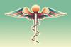An illustration showing the rod of Asclepius with RNA wrapped around it